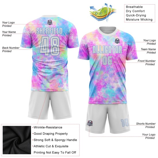 Sublimationstrikot Blaue Krawatte Benutzerdefinierte Fußballuniform Farbstoff Weiß-Licht Sublimationstrikot Blaue Krawatte Benutzerdefinierte Fußballuniform Farbstoff Weiß-Licht
