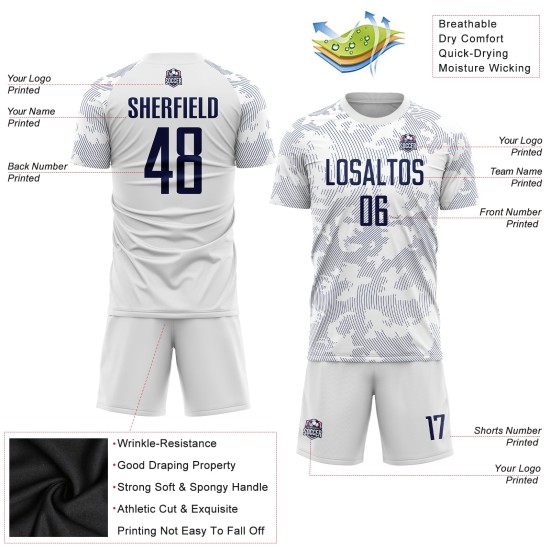 Weiße Sublimationsuniform, benutzerdefiniertes Fußballtrikot, Marineblau Weiße Sublimationsuniform, benutzerdefiniertes Fußballtrikot, Marineblau
