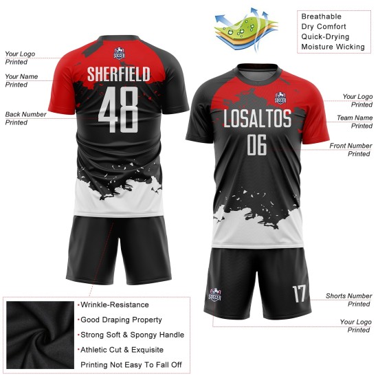 Uniform Custom Weiß-Rot Fußball Sublimation Schwarz Trikot Uniform Custom Weiß-Rot Fußball Sublimation Schwarz Trikot