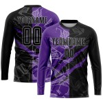 Lila-Grau Muster Fußball Scratch Graffiti Uniform Sublimation Schwarz Jersey Custom Lila-Grau Muster Fußball Scratch Graffiti Uniform Sublimation Schwarz Jersey Custom