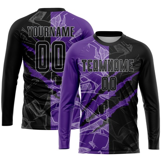 Lila-Grau Muster Fußball Scratch Graffiti Uniform Sublimation Schwarz Jersey Custom Lila-Grau Muster Fußball Scratch Graffiti Uniform Sublimation Schwarz Jersey Custom