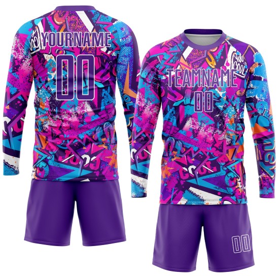 Uniform Graffiti Trikot Sublimation Lila-Weiß Benutzerdefiniertes Fußballmuster Uniform Graffiti Trikot Sublimation Lila-Weiß Benutzerdefiniertes Fußballmuster
