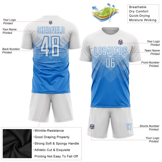 Weißes Pulver Fußball Custom Sublimation Uniform Blaues Trikot Weißes Pulver Fußball Custom Sublimation Uniform Blaues Trikot
