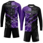 Lila-Grau Muster Fußball Scratch Graffiti Uniform Sublimation Schwarz Jersey Custom Lila-Grau Muster Fußball Scratch Graffiti Uniform Sublimation Schwarz Jersey Custom