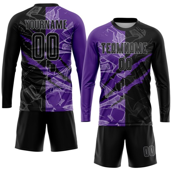 Lila-Grau Muster Fußball Scratch Graffiti Uniform Sublimation Schwarz Jersey Custom Lila-Grau Muster Fußball Scratch Graffiti Uniform Sublimation Schwarz Jersey Custom