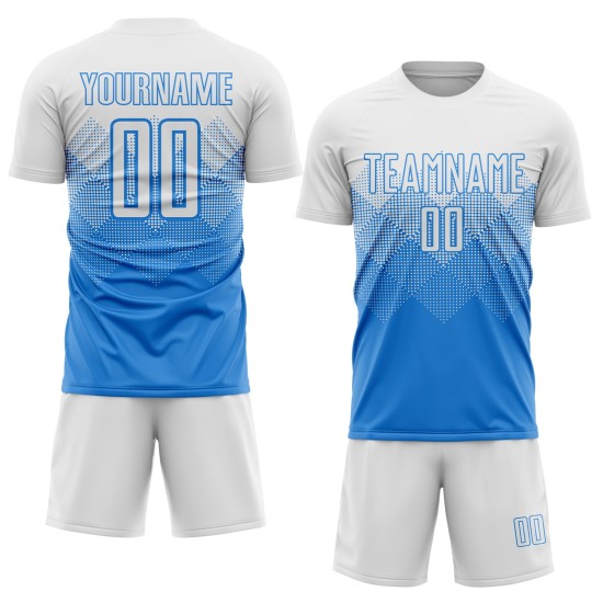 Weißes Pulver Fußball Custom Sublimation Uniform Blaues Trikot Weißes Pulver Fußball Custom Sublimation Uniform Blaues Trikot