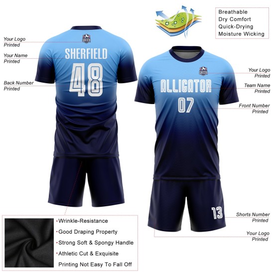 Fußball Blau Licht Sublimation Weiß-Navy Uniform Fashion Fade Jersey Custom Fußball Blau Licht Sublimation Weiß-Navy Uniform Fashion Fade Jersey Custom