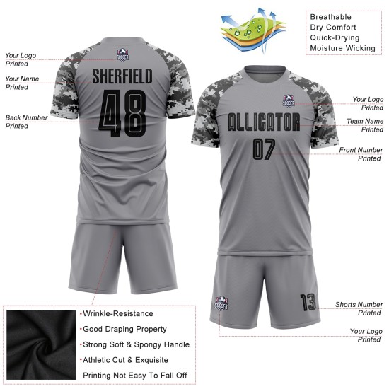 Fußball-Trikot in Schwarz-Camouflage-Uniform, Sublimation, benutzerdefiniertes graues Trikot Fußball-Trikot in Schwarz-Camouflage-Uniform, Sublimation, benutzerdefiniertes graues Trikot