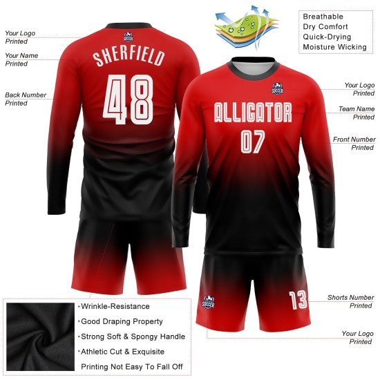 Fußball Weiß-Schwarz Lange Verblassen Rot Jersey Custom Sublimation Hülse Uniform Mode Fußball Weiß-Schwarz Lange Verblassen Rot Jersey Custom Sublimation Hülse Uniform Mode