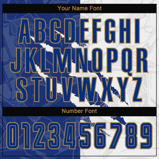 Benutzerdefinierte Gold Uniform Muster Weiß-Alte Kratzer Jersey Sublimation Fußball Royal Graffiti Benutzerdefinierte Gold Uniform Muster Weiß-Alte Kratzer Jersey Sublimation Fußball Royal Graffiti