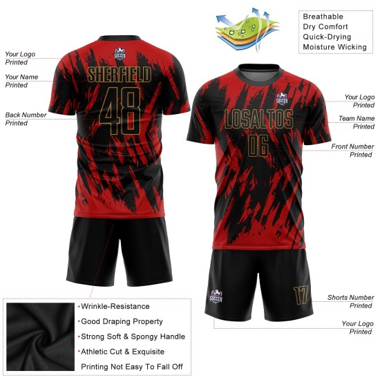 Sublimation Gold Fußball Custom Rot Jersey Schwarz-Alte Uniform Sublimation Gold Fußball Custom Rot Jersey Schwarz-Alte Uniform