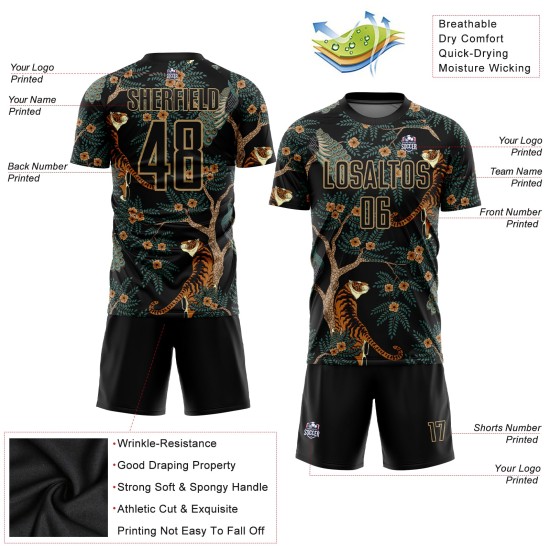 Pfau Gold Sublimation und Old Tiger Schwarz Fußball Jersey Custom Uniform Pfau Gold Sublimation und Old Tiger Schwarz Fußball Jersey Custom Uniform
