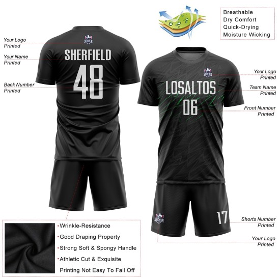 Schwarze Uniform Weiß-Neongrün Jersey Fußball Sublimation Custom Schwarze Uniform Weiß-Neongrün Jersey Fußball Sublimation Custom