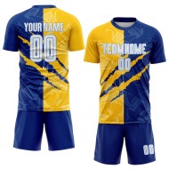 Blau Fußball Gelb-Licht Royal Scratch Graffiti Custom Weiß Jersey Muster Uniform Sublimation Blau Fußball Gelb-Licht Royal Scratch Graffiti Custom Weiß Jersey Muster Uniform Sublimation