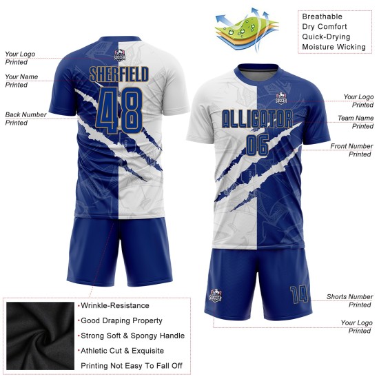 Benutzerdefinierte Gold Uniform Muster Weiß-Alte Kratzer Jersey Sublimation Fußball Royal Graffiti Benutzerdefinierte Gold Uniform Muster Weiß-Alte Kratzer Jersey Sublimation Fußball Royal Graffiti