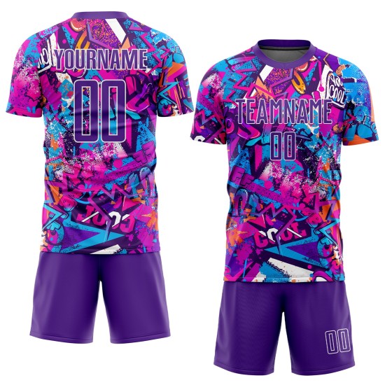Uniform Graffiti Trikot Sublimation Lila-Weiß Benutzerdefiniertes Fußballmuster Uniform Graffiti Trikot Sublimation Lila-Weiß Benutzerdefiniertes Fußballmuster