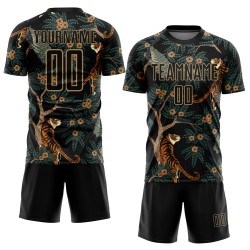 Pfau Gold Sublimation und Old Tiger Schwarz Fußball Jersey Custom Uniform Pfau Gold Sublimation und Old Tiger Schwarz Fußball Jersey Custom Uniform
