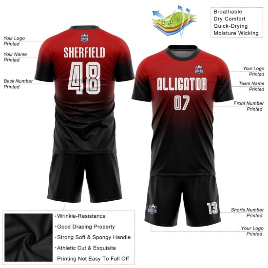 Weiß-Schwarz Verblassen Sublimation Jersey Rot Mode Uniform Fußball Weiß-Schwarz Verblassen Sublimation Jersey Rot Mode Uniform Fußball