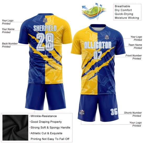 Blau Fußball Gelb-Licht Royal Scratch Graffiti Custom Weiß Jersey Muster Uniform Sublimation Blau Fußball Gelb-Licht Royal Scratch Graffiti Custom Weiß Jersey Muster Uniform Sublimation