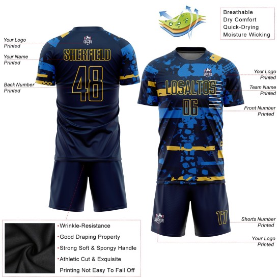 Trikot Navy-Gold Benutzerdefinierte Sublimation Fußballuniform Navy Trikot Navy-Gold Benutzerdefinierte Sublimation Fußballuniform Navy