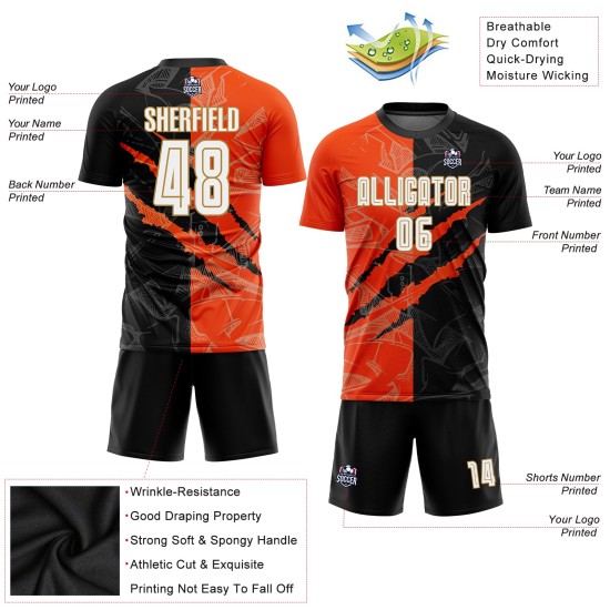 Custom Sublimation Fußball Schwarz Jersey Orange-Altes Muster Gold Weiß Scratch Graffiti Uniform Custom Sublimation Fußball Schwarz Jersey Orange-Altes Muster Gold Weiß Scratch Graffiti Uniform