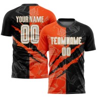 Custom Sublimation Fußball Schwarz Jersey Orange-Altes Muster Gold Weiß Scratch Graffiti Uniform Custom Sublimation Fußball Schwarz Jersey Orange-Altes Muster Gold Weiß Scratch Graffiti Uniform
