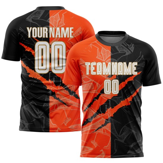 Custom Sublimation Fußball Schwarz Jersey Orange-Altes Muster Gold Weiß Scratch Graffiti Uniform Custom Sublimation Fußball Schwarz Jersey Orange-Altes Muster Gold Weiß Scratch Graffiti Uniform