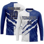 Benutzerdefinierte Gold Uniform Muster Weiß-Alte Kratzer Jersey Sublimation Fußball Royal Graffiti Benutzerdefinierte Gold Uniform Muster Weiß-Alte Kratzer Jersey Sublimation Fußball Royal Graffiti