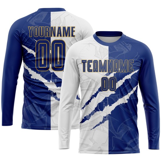 Benutzerdefinierte Gold Uniform Muster Weiß-Alte Kratzer Jersey Sublimation Fußball Royal Graffiti Benutzerdefinierte Gold Uniform Muster Weiß-Alte Kratzer Jersey Sublimation Fußball Royal Graffiti