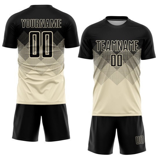 Benutzerdefiniertes Fußballtrikot in Schwarz mit Sublimationsdruck, cremefarben Benutzerdefiniertes Fußballtrikot in Schwarz mit Sublimationsdruck, cremefarben