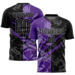 Lila-Grau Muster Fußball Scratch Graffiti Uniform Sublimation Schwarz Jersey Custom Lila-Grau Muster Fußball Scratch Graffiti Uniform Sublimation Schwarz Jersey Custom