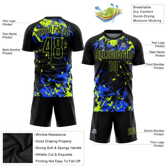 Jersey Sublimation Schwarz Grün-Royal Fußball Uniform Schwarz Custom Neon Jersey Sublimation Schwarz Grün-Royal Fußball Uniform Schwarz Custom Neon