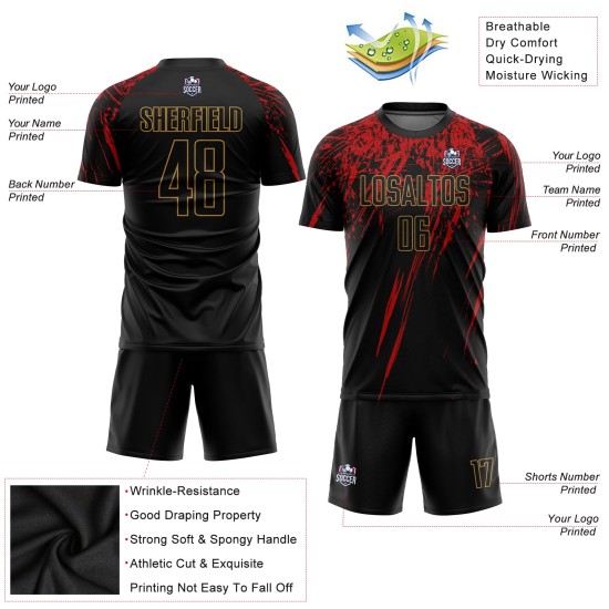 Gold-Rot Fußball Custom Schwarz Schwarz Old Jersey Uniform Sublimation Gold-Rot Fußball Custom Schwarz Schwarz Old Jersey Uniform Sublimation