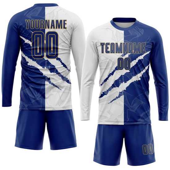Benutzerdefinierte Gold Uniform Muster Weiß-Alte Kratzer Jersey Sublimation Fußball Royal Graffiti Benutzerdefinierte Gold Uniform Muster Weiß-Alte Kratzer Jersey Sublimation Fußball Royal Graffiti