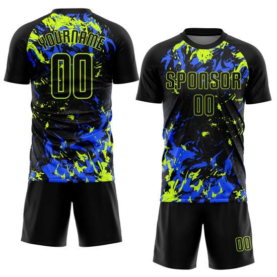 Jersey Sublimation Schwarz Grün-Royal Fußball Uniform Schwarz Custom Neon Jersey Sublimation Schwarz Grün-Royal Fußball Uniform Schwarz Custom Neon