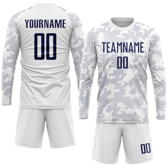 Weiße Sublimationsuniform, benutzerdefiniertes Fußballtrikot, Marineblau Weiße Sublimationsuniform, benutzerdefiniertes Fußballtrikot, Marineblau
