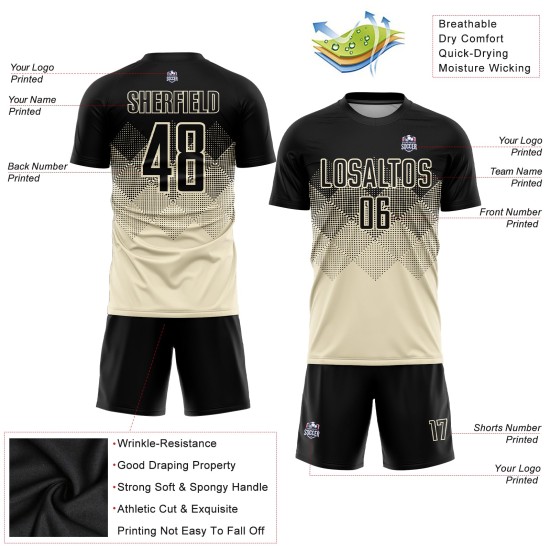 Benutzerdefiniertes Fußballtrikot in Schwarz mit Sublimationsdruck, cremefarben Benutzerdefiniertes Fußballtrikot in Schwarz mit Sublimationsdruck, cremefarben
