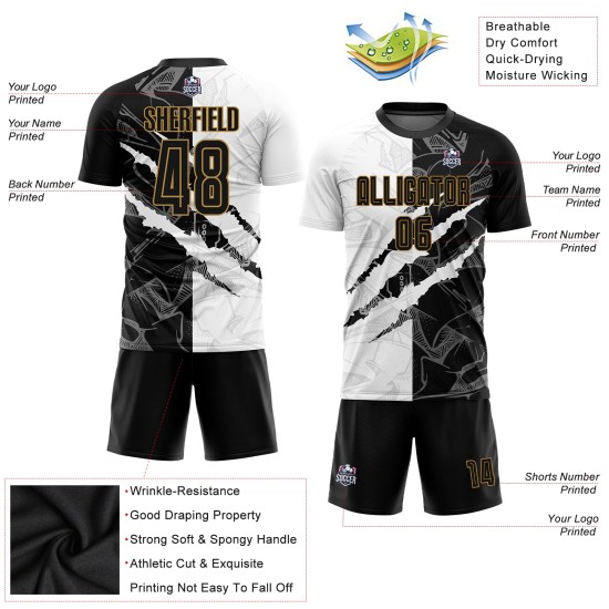 Fußball Gold Schwarz-Alt Benutzerdefinierte Muster Scratch Graffiti Uniform Jersey Sublimation Fußball Gold Schwarz-Alt Benutzerdefinierte Muster Scratch Graffiti Uniform Jersey Sublimation