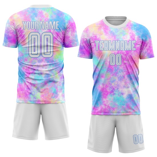 Sublimationstrikot Blaue Krawatte Benutzerdefinierte Fußballuniform Farbstoff Weiß-Licht Sublimationstrikot Blaue Krawatte Benutzerdefinierte Fußballuniform Farbstoff Weiß-Licht