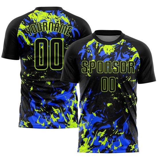 Jersey Sublimation Schwarz Grün-Royal Fußball Uniform Schwarz Custom Neon Jersey Sublimation Schwarz Grün-Royal Fußball Uniform Schwarz Custom Neon