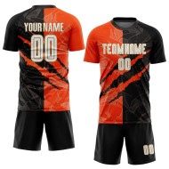 Custom Sublimation Fußball Schwarz Jersey Orange-Altes Muster Gold Weiß Scratch Graffiti Uniform Custom Sublimation Fußball Schwarz Jersey Orange-Altes Muster Gold Weiß Scratch Graffiti Uniform