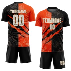 Custom Sublimation Fußball Schwarz Jersey Orange-Altes Muster Gold Weiß Scratch Graffiti Uniform Custom Sublimation Fußball Schwarz Jersey Orange-Altes Muster Gold Weiß Scratch Graffiti Uniform