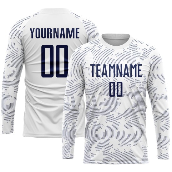 Weiße Sublimationsuniform, benutzerdefiniertes Fußballtrikot, Marineblau Weiße Sublimationsuniform, benutzerdefiniertes Fußballtrikot, Marineblau