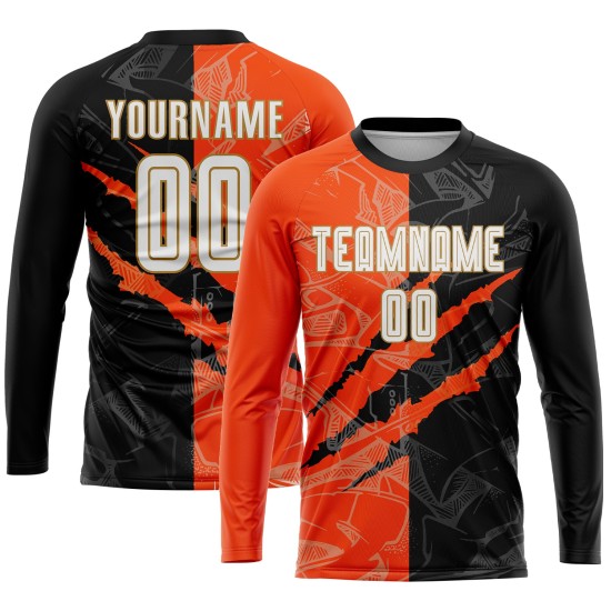 Custom Sublimation Fußball Schwarz Jersey Orange-Altes Muster Gold Weiß Scratch Graffiti Uniform Custom Sublimation Fußball Schwarz Jersey Orange-Altes Muster Gold Weiß Scratch Graffiti Uniform