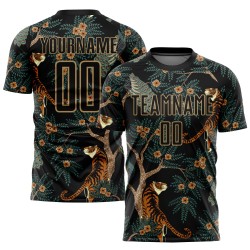 Pfau Gold Sublimation und Old Tiger Schwarz Fußball Jersey Custom Uniform Pfau Gold Sublimation und Old Tiger Schwarz Fußball Jersey Custom Uniform
