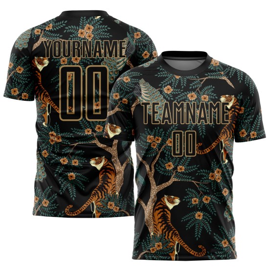 Pfau Gold Sublimation und Old Tiger Schwarz Fußball Jersey Custom Uniform Pfau Gold Sublimation und Old Tiger Schwarz Fußball Jersey Custom Uniform