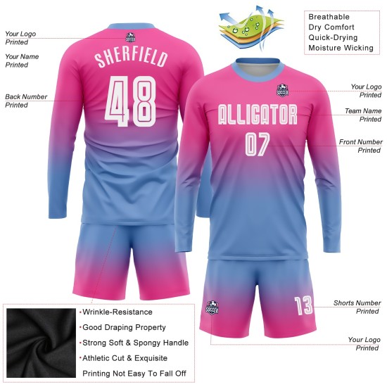 Ärmel Sublimation Blau Uniform Verblassen Jersey Mode Rosa Lange Weiß-Licht Fußball Custom Ärmel Sublimation Blau Uniform Verblassen Jersey Mode Rosa Lange Weiß-Licht Fußball Custom