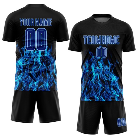 Jersey Sublimation Custom Flame Schwarz Fußball Royal-Hellblau Uniform Jersey Sublimation Custom Flame Schwarz Fußball Royal-Hellblau Uniform