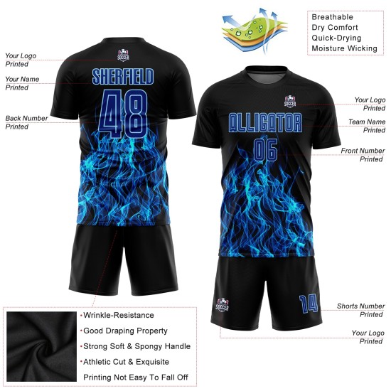 Jersey Sublimation Custom Flame Schwarz Fußball Royal-Hellblau Uniform Jersey Sublimation Custom Flame Schwarz Fußball Royal-Hellblau Uniform