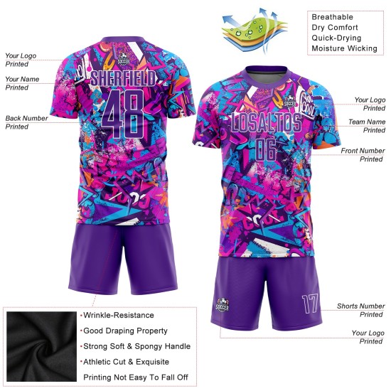 Uniform Graffiti Trikot Sublimation Lila-Weiß Benutzerdefiniertes Fußballmuster Uniform Graffiti Trikot Sublimation Lila-Weiß Benutzerdefiniertes Fußballmuster